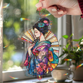 Geisha Acrylic Suncatcher, Japanese Kimono Window Art, Stained Glass Style Oriental Decor, Elegant Asian Gift for Home and Office